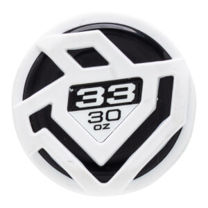 Top-down close-up of a black and white baseball bat end cap with a geometric design and 33 30 OZ text.
