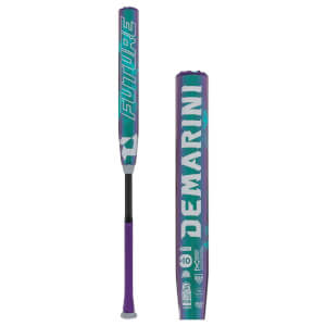 Side view of an iridescent purple and teal fastpitch softball bat with a purple grip and FUTURE and DEMARINI text on the barrel.