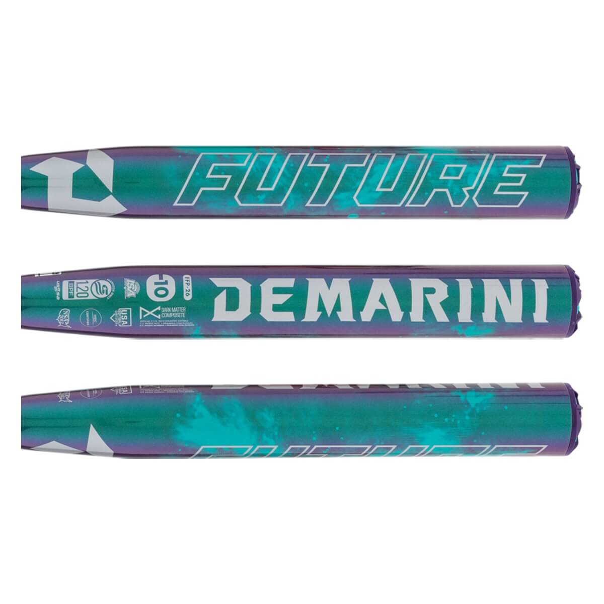 Composite view of a purple and teal fastpitch softball bat barrel with FUTURE and DEMARINI branding and certification stamps.