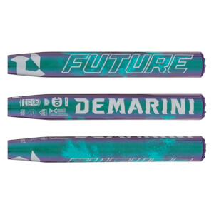 Composite view of a purple and teal fastpitch softball bat barrel with FUTURE and DEMARINI branding and certification stamps.