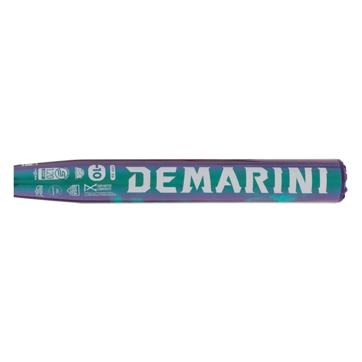 Side view of an iridescent purple and teal softball bat with DEMARINI branding and certification logos.