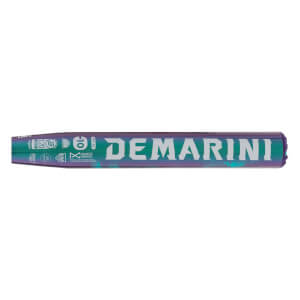 Side view of an iridescent purple and teal softball bat with DEMARINI branding and certification logos.