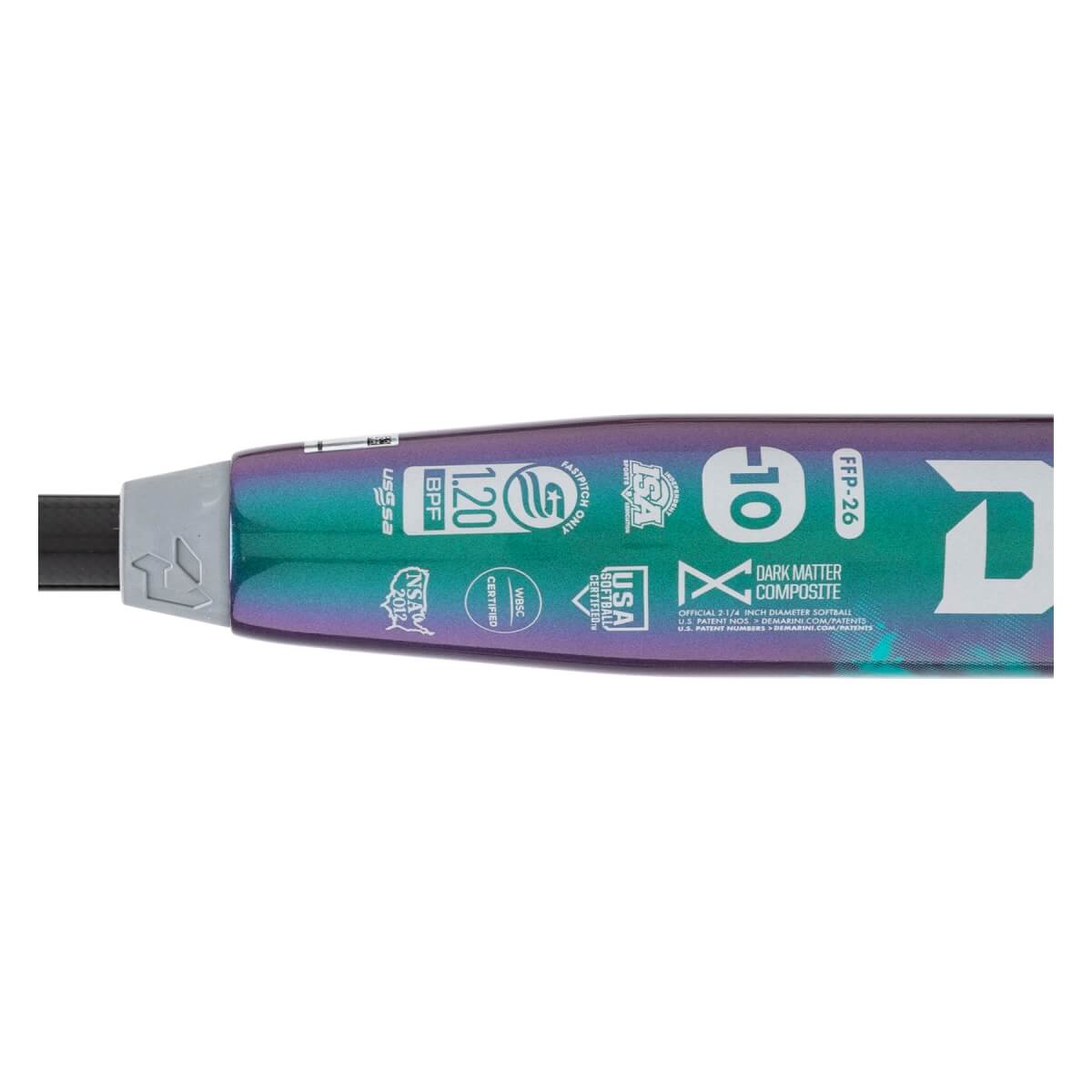 Close-up of an iridescent purple-teal fastpitch softball bat barrel with a large D logo, -10 weight, and certification stamps.