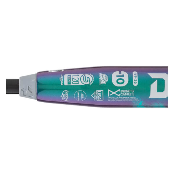 Close-up of an iridescent purple-teal fastpitch softball bat barrel with a large D logo, -10 weight, and certification stamps.