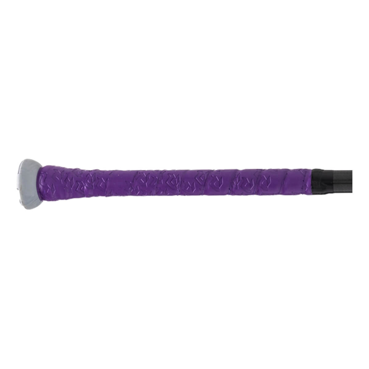 Close-up side view of a purple softball bat grip with a grey knob, textured pattern, and black shaft.