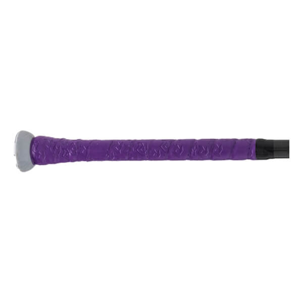 Close-up side view of a purple softball bat grip with a grey knob, textured pattern, and black shaft.