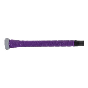 Close-up side view of a purple softball bat grip with a grey knob, textured pattern, and black shaft.