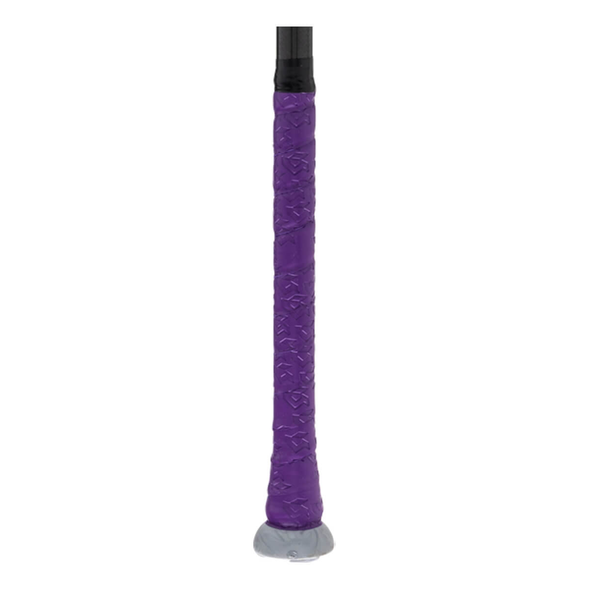 Close-up of handle of a purple softball bat with a textured grip, black tape, and grey knob.