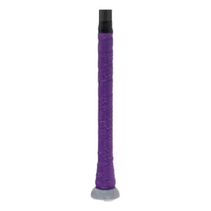 Close-up of handle of a purple softball bat with a textured grip, black tape, and grey knob.