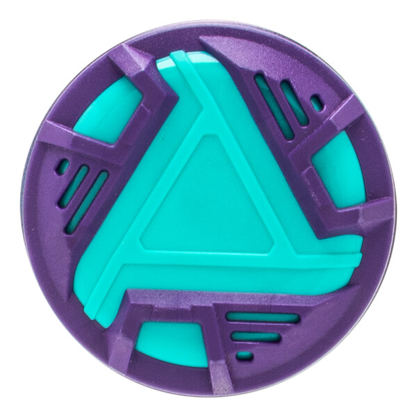 Top-down close-up of a purple and teal bat end cap with a central triangular design and geometric patterns.