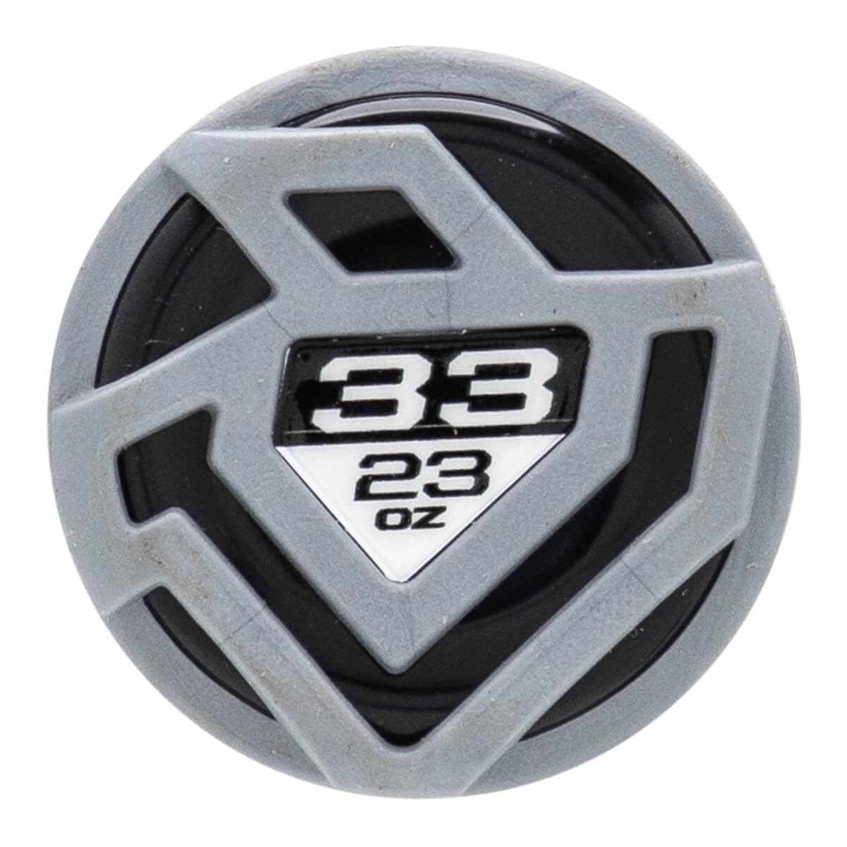 Top-down view of a gray and black fastpitch softball bat end cap with a patterned design and 33 and 23 OZ in the center.