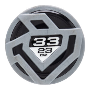 Top-down view of a gray and black fastpitch softball bat end cap with a patterned design and 33 and 23 OZ in the center.
