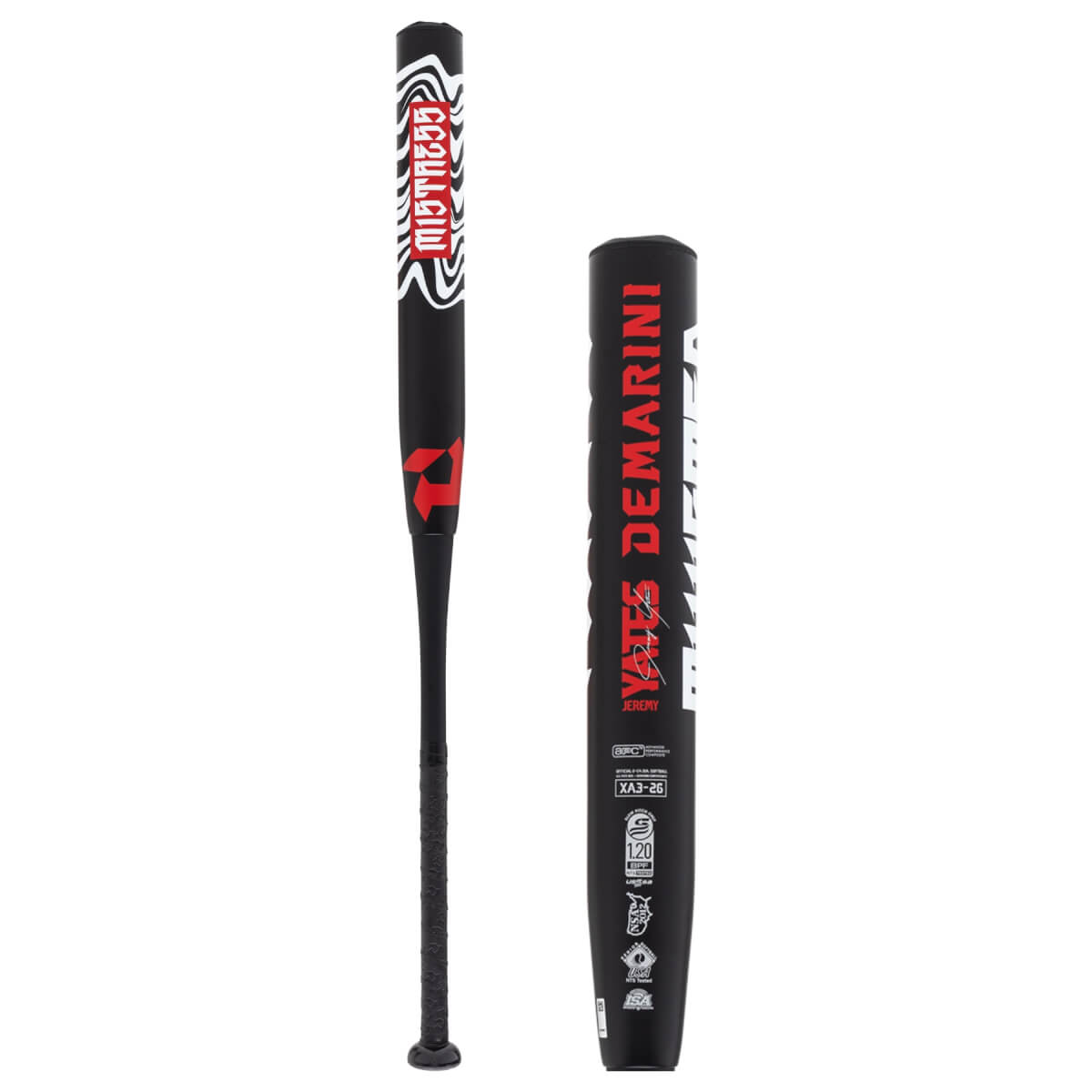 Side view of a black slow pitch softball bat with red MISTRESS text, a red DeMarini D logo, and YATES DEMARINI branding.