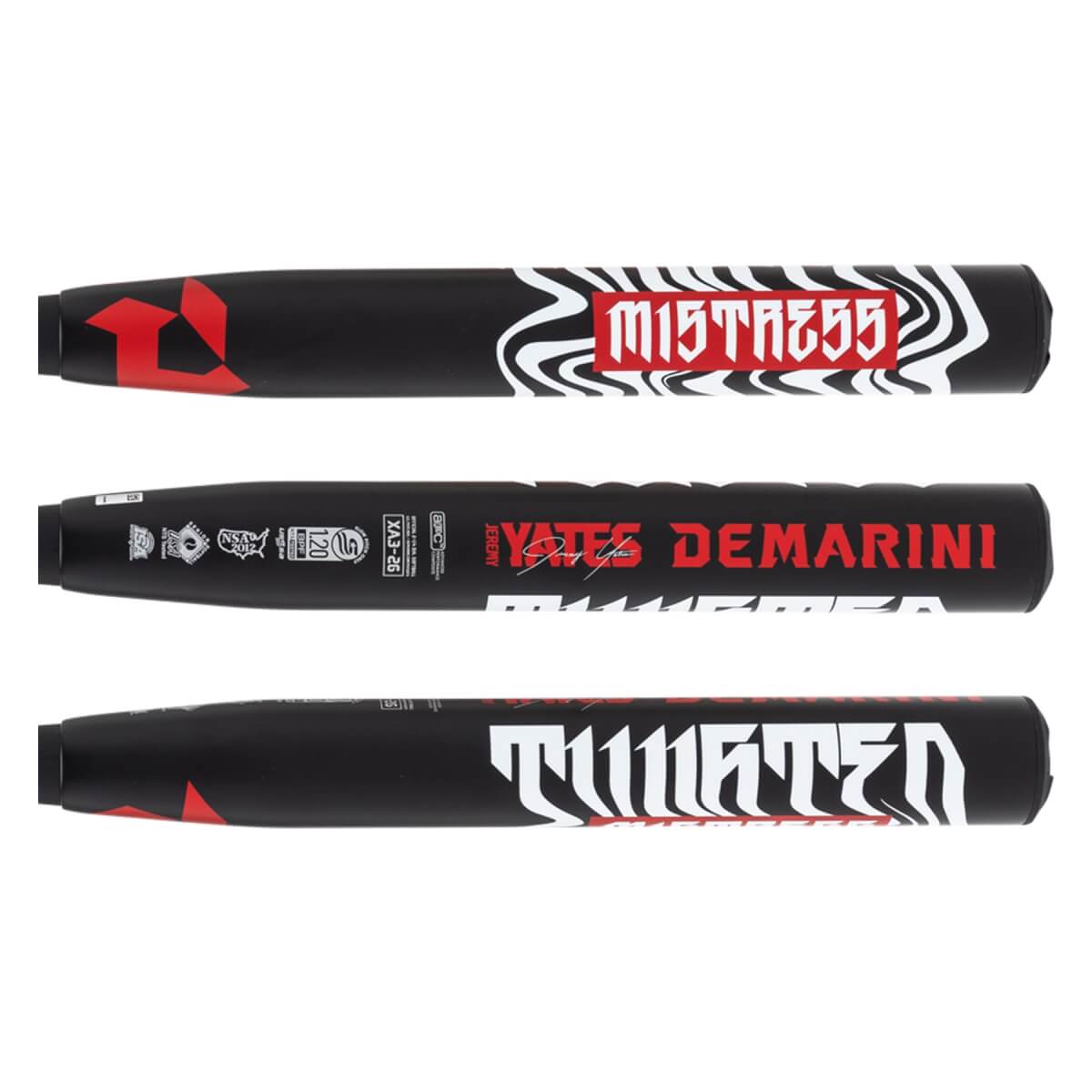 Three sections of a black softball bat showing red DeMarini logo, MISTRESS, YATES DEMARINI, and TWISTED text.