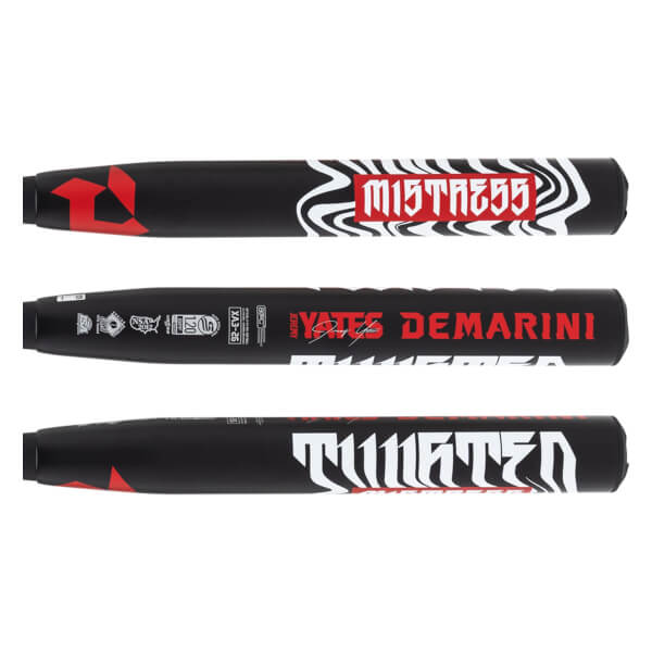 Three sections of a black softball bat showing red DeMarini logo, MISTRESS, YATES DEMARINI, and TWISTED text.
