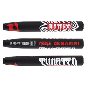 Three sections of a black softball bat showing red DeMarini logo, MISTRESS, YATES DEMARINI, and TWISTED text.