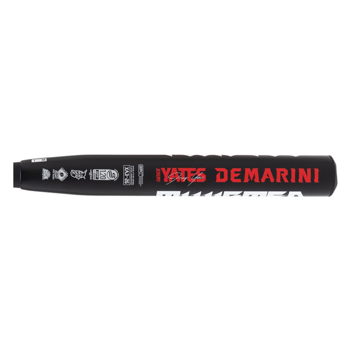 Side view of a black slow pitch softball bat with red YATES DEMARINI and white TWISTED MISTRESS text.