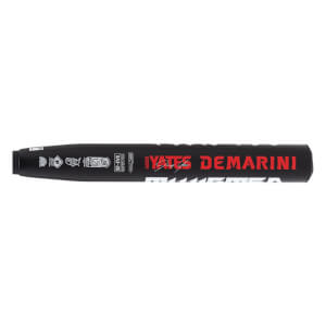 Side view of a black slow pitch softball bat with red YATES DEMARINI and white TWISTED MISTRESS text.