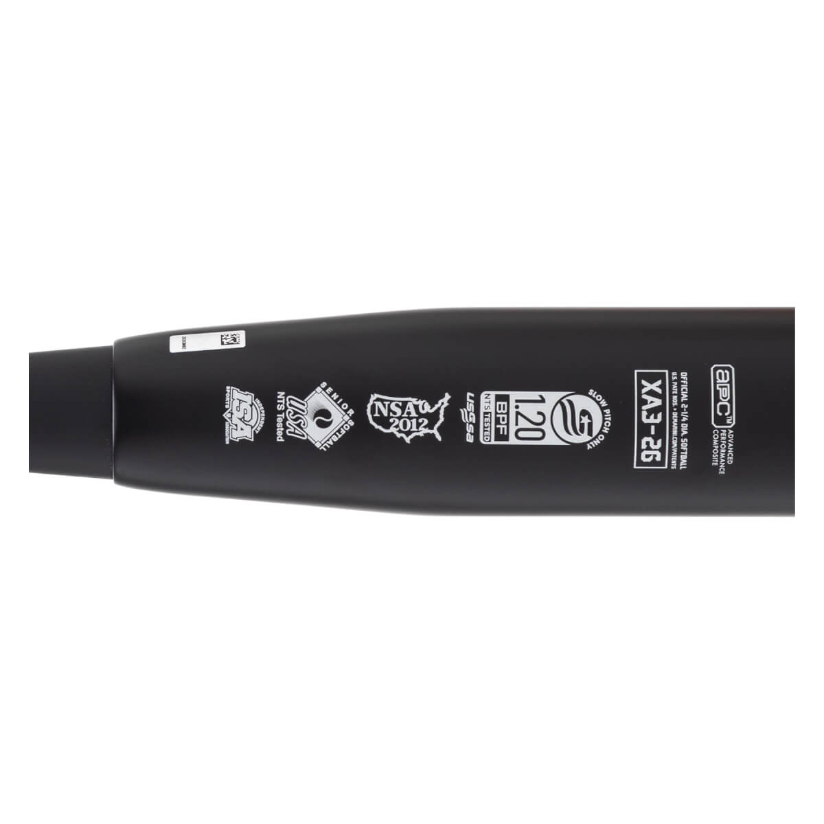 Close-up side view of a black softball bat barrel showing white USSSA, NSA, and BPF 1.20 certification stamps.