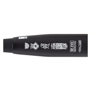 Close-up side view of a black softball bat barrel showing white USSSA, NSA, and BPF 1.20 certification stamps.