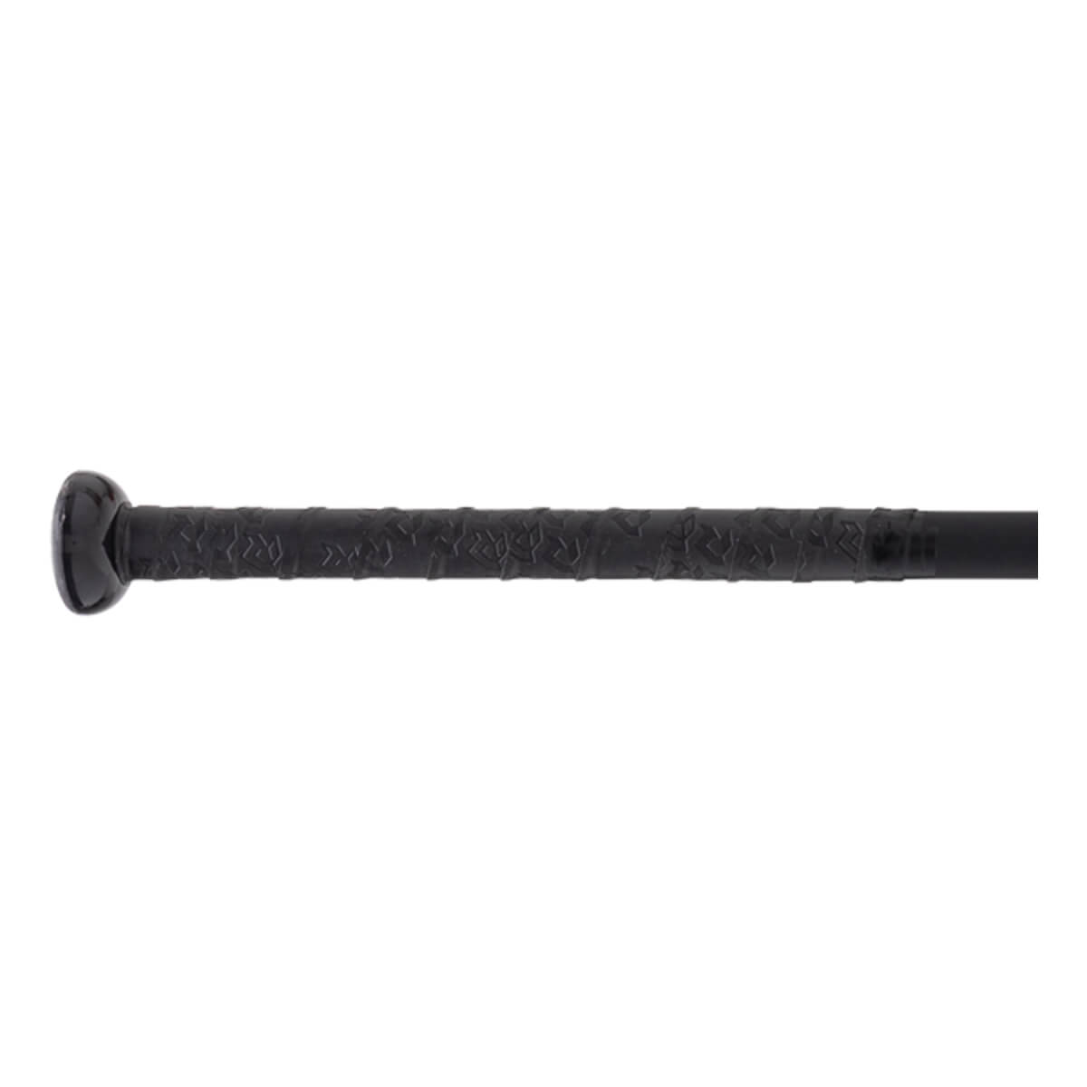 Side view of a black softball bat handle with an embossed textured grip and a rounded knob.