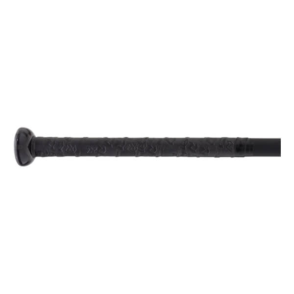 Side view of a black softball bat handle with an embossed textured grip and a rounded knob.