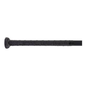 Side view of a black softball bat handle with an embossed textured grip and a rounded knob.