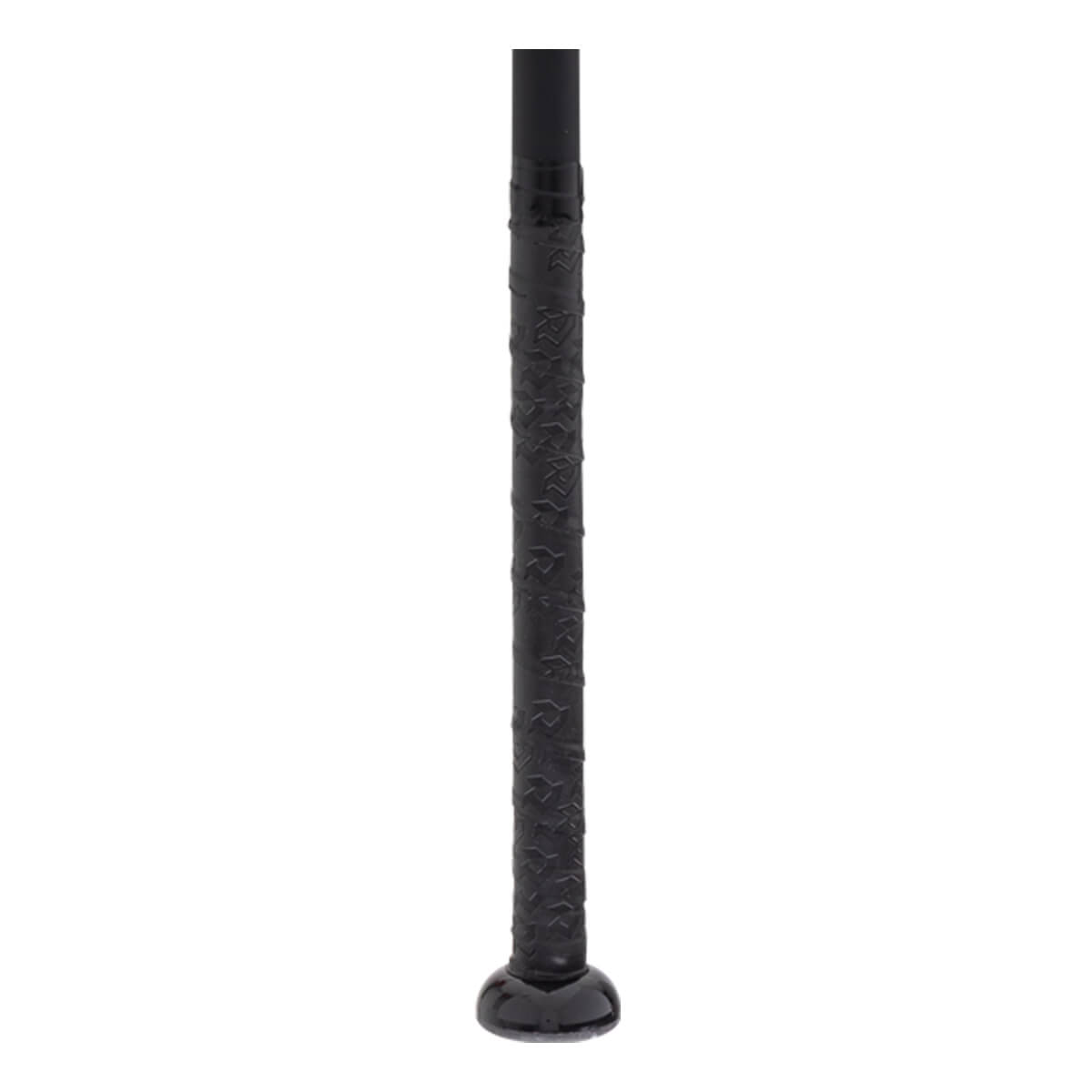 Close-up of a black bat handle with a textured grip and a rounded knob.