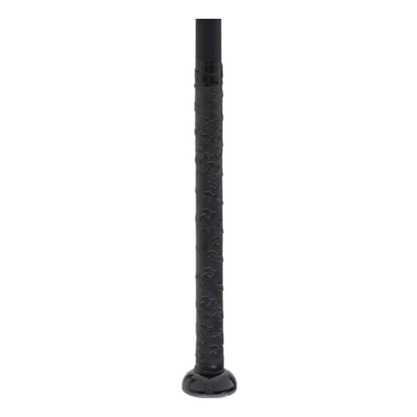 Close-up of a black bat handle with a textured grip and a rounded knob.