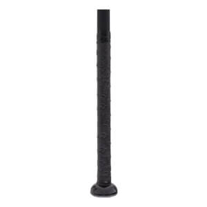 Close-up of a black bat handle with a textured grip and a rounded knob.