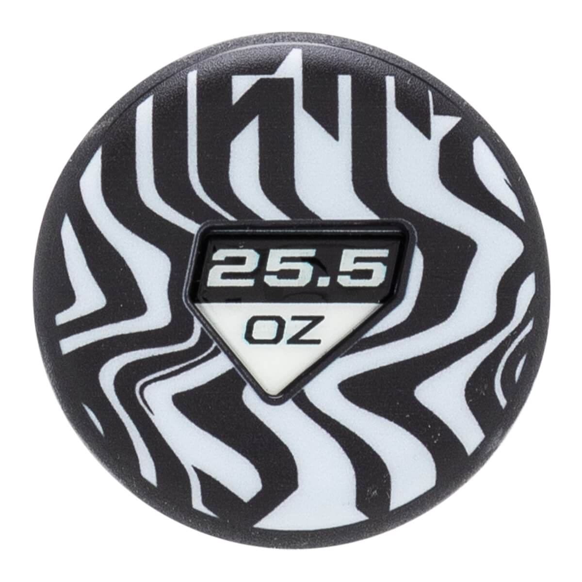 Top-down view of a black and white softball bat end cap with a wavy pattern and 25.5 OZ printed on a central insert.