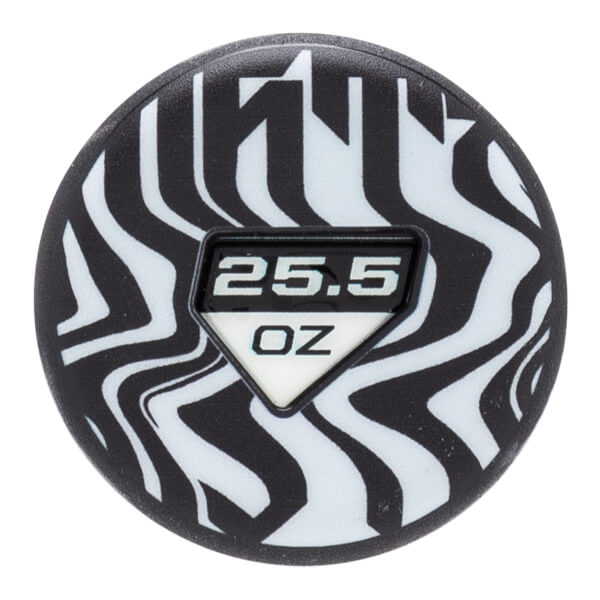 Top-down view of a black and white softball bat end cap with a wavy pattern and 25.5 OZ printed on a central insert.