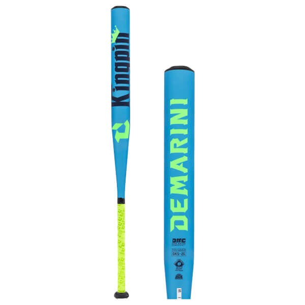 Full view of a blue softball bat with Kingpin graphic, DeMarini branding, and a neon green grip.