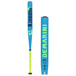 Full view of a blue softball bat with Kingpin graphic, DeMarini branding, and a neon green grip.