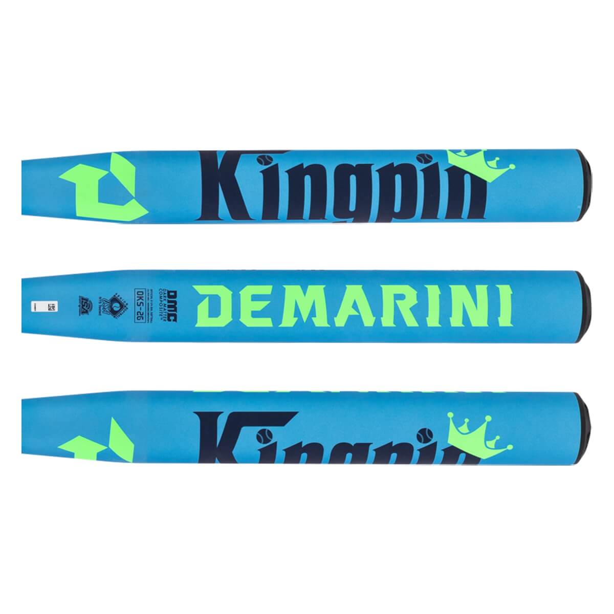 Multiple sections view of a blue softball bat with Kingpin and DEMARINI text, and a neon green crown graphic.