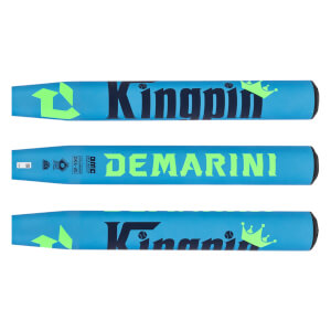 Multiple sections view of a blue softball bat with Kingpin and DEMARINI text, and a neon green crown graphic.