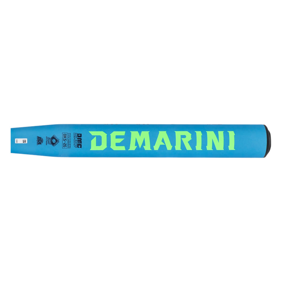 Side view of a blue softball bat with neon green DEMARINI text, a DMC logo, and a black end cap.