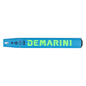 Side view of a blue softball bat with neon green DEMARINI text, a DMC logo, and a black end cap.