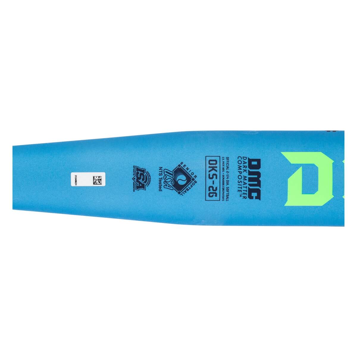 Close-up of the light blue softball bat barrel with a neon green D logo, OKS-26, and USA Softball stamps.