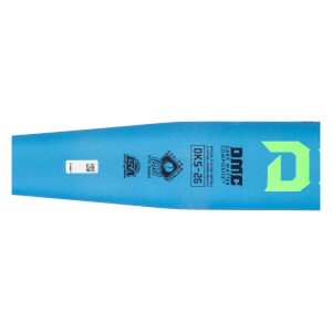 Close-up of the light blue softball bat barrel with a neon green D logo, OKS-26, and USA Softball stamps.
