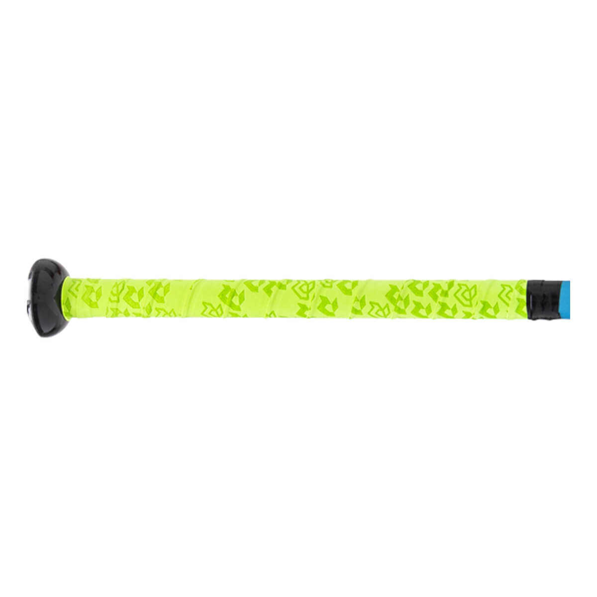 Side view of a neon yellow bat handle with a repeating pattern, black knob, and blue end band.