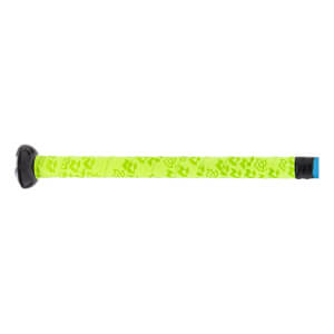 Side view of a neon yellow bat handle with a repeating pattern, black knob, and blue end band.
