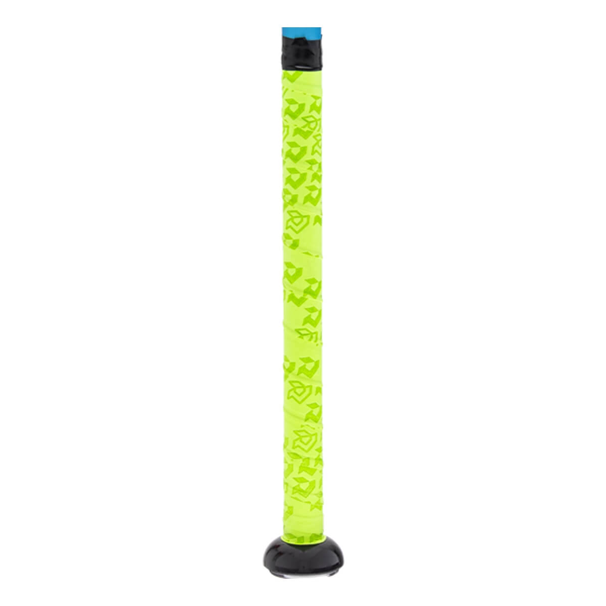 Side view of neon yellow bat handle with a repeating logo pattern, black knob, and black end cap with a blue top.