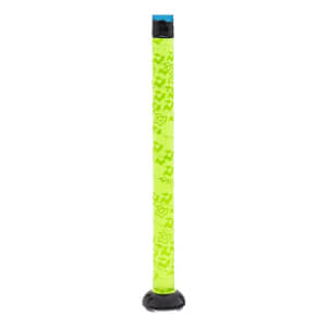Side view of neon yellow bat handle with a repeating logo pattern, black knob, and black end cap with a blue top.