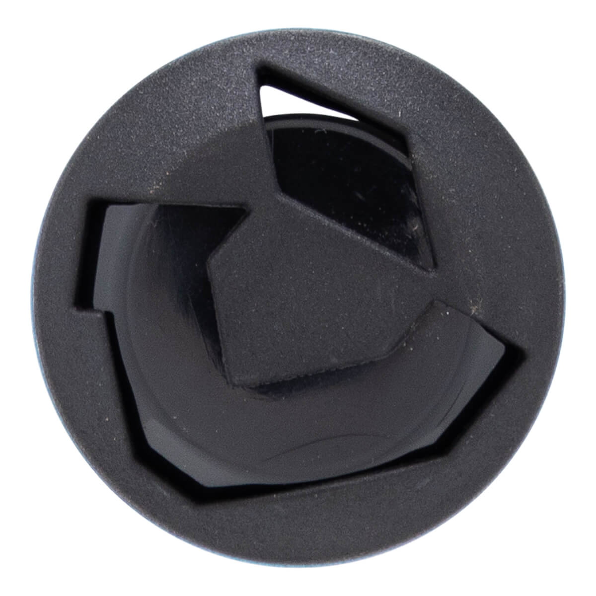 Top-down view of a black bat end cap with a textured outer ring and a geometric, recessed center design.