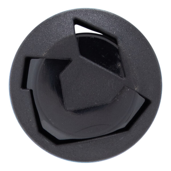 Top-down view of a black bat end cap with a textured outer ring and a geometric, recessed center design.
