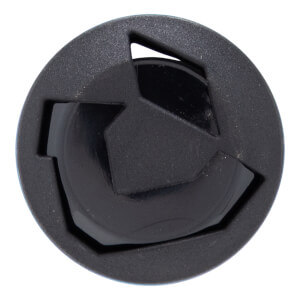 Top-down view of a black bat end cap with a textured outer ring and a geometric, recessed center design.
