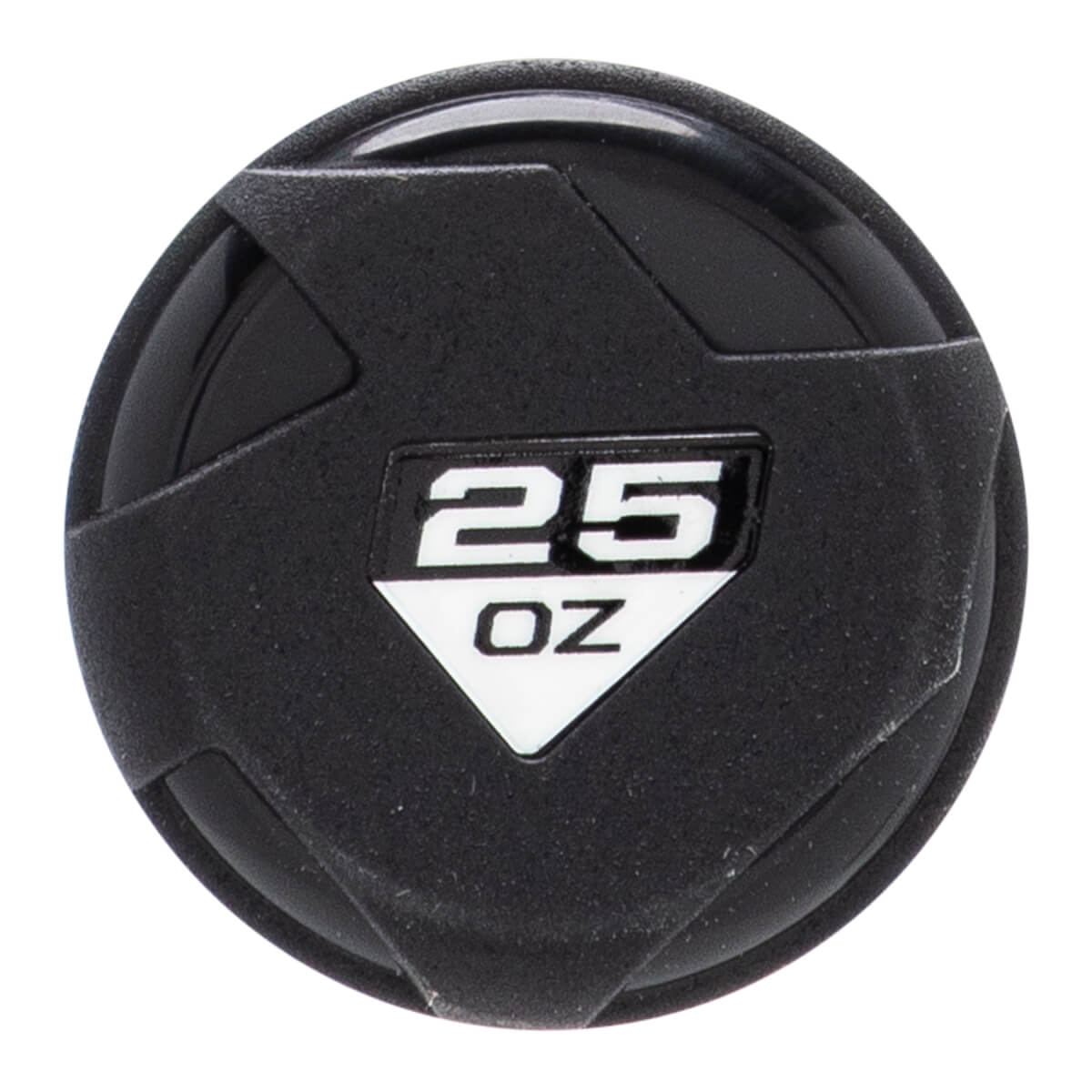 Top-down close-up of a black softball bat end cap with a textured, geometric design and 25 OZ in a white diamond.