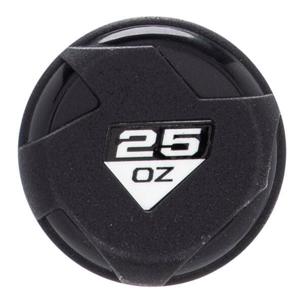 Top-down close-up of a black softball bat end cap with a textured, geometric design and 25 OZ in a white diamond.