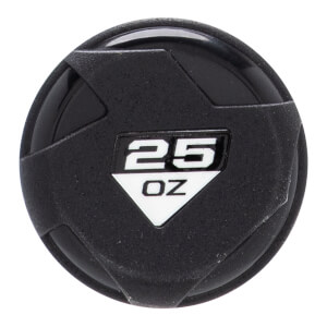 Top-down close-up of a black softball bat end cap with a textured, geometric design and 25 OZ in a white diamond.